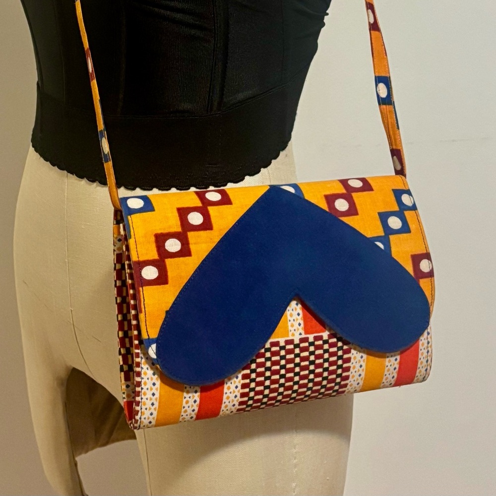 Colorful African Print Women's Bag with Blue Heart Accent